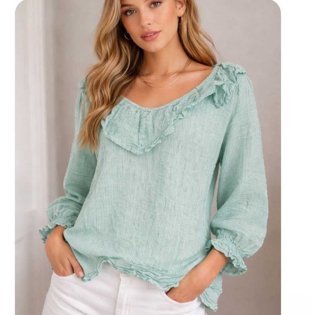 MILLE Green Stripe Linen Gauze Ruffle V-Neck Resort Blouse XS